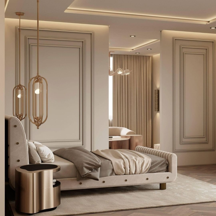 Luksuzna spavaća soba sa komadima nameštaja u metalnim završnim obradama